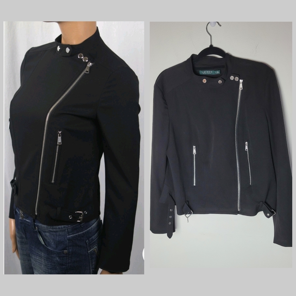 Lauren Ralph Lauren Black Moto Jacket Size 16 Asymmetrical Zip Silver Hardware